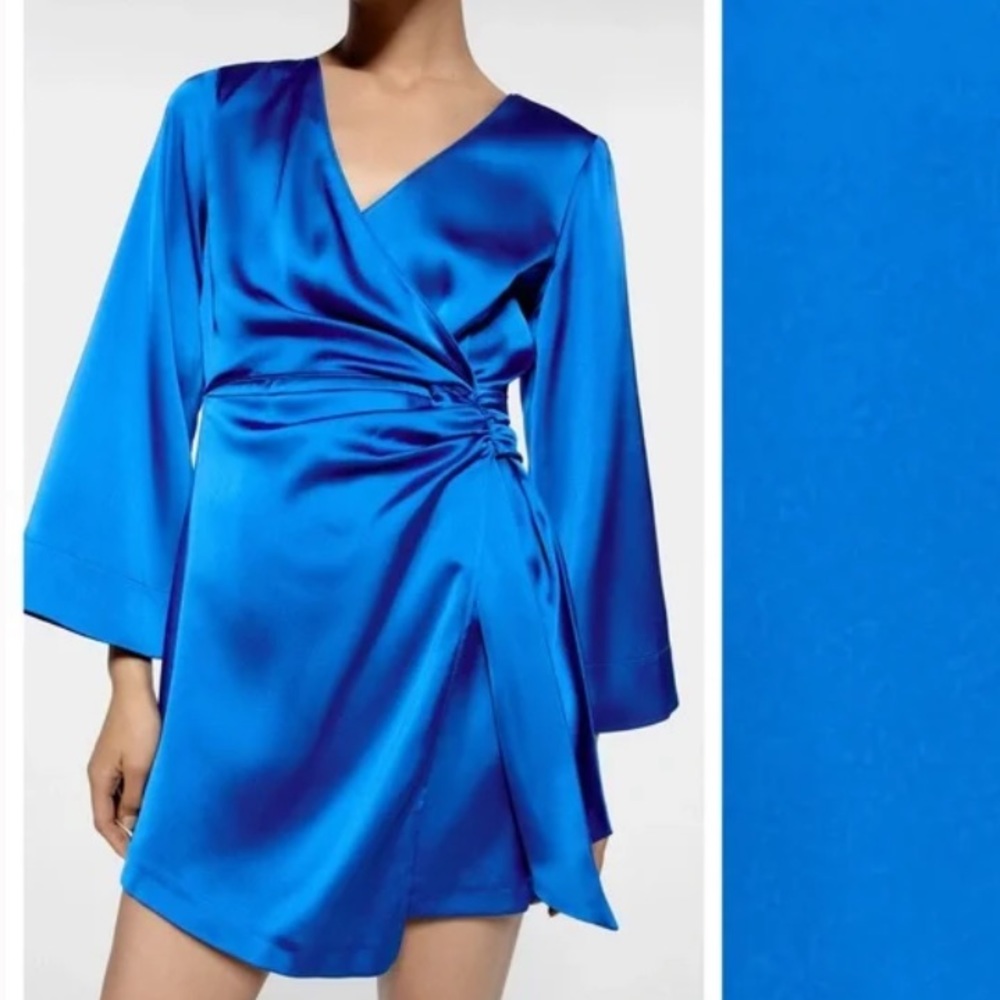 Zara Cobalt Blue Satin Effect Wrap Mini Dress